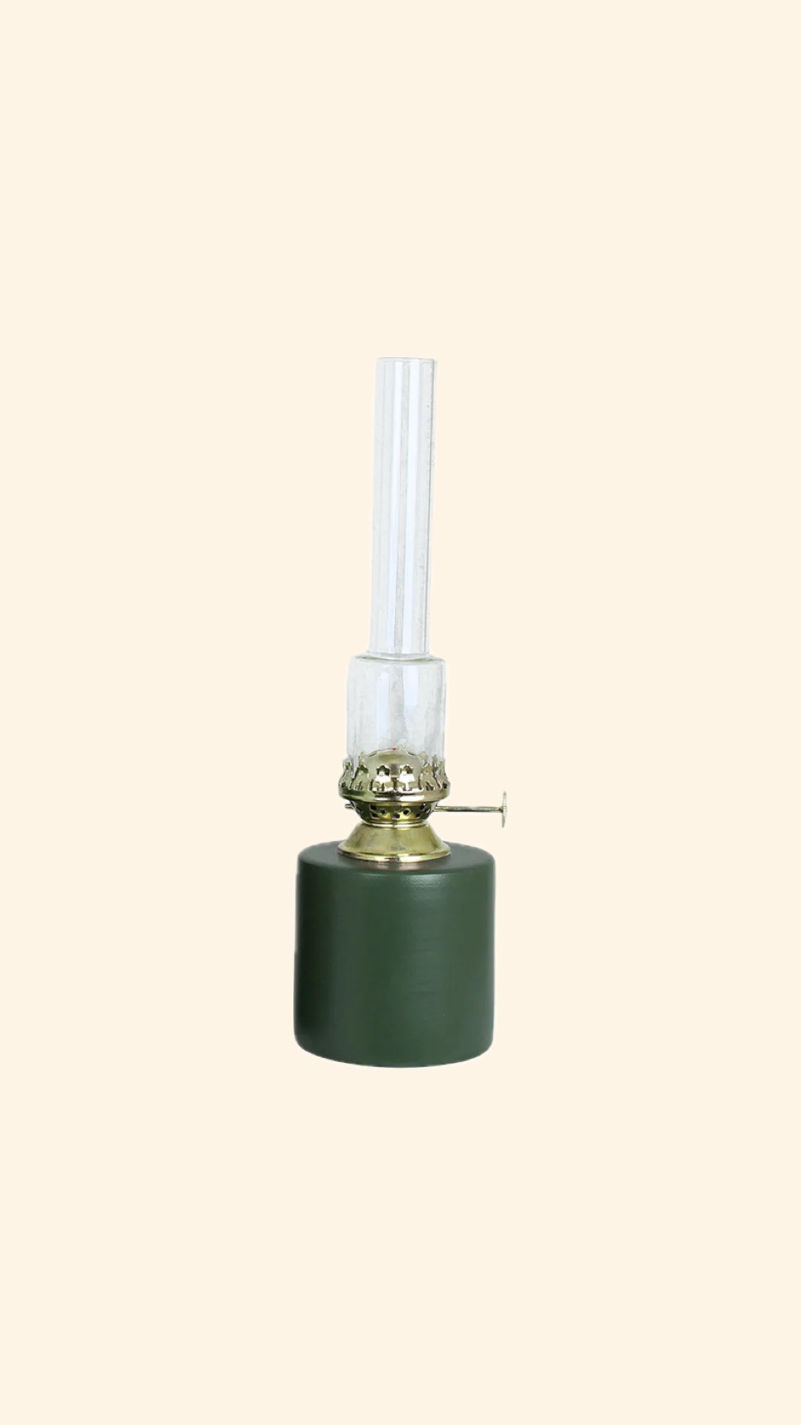 Rak fotogenlampa i grön med mässingsdetaljer i liten storlek 